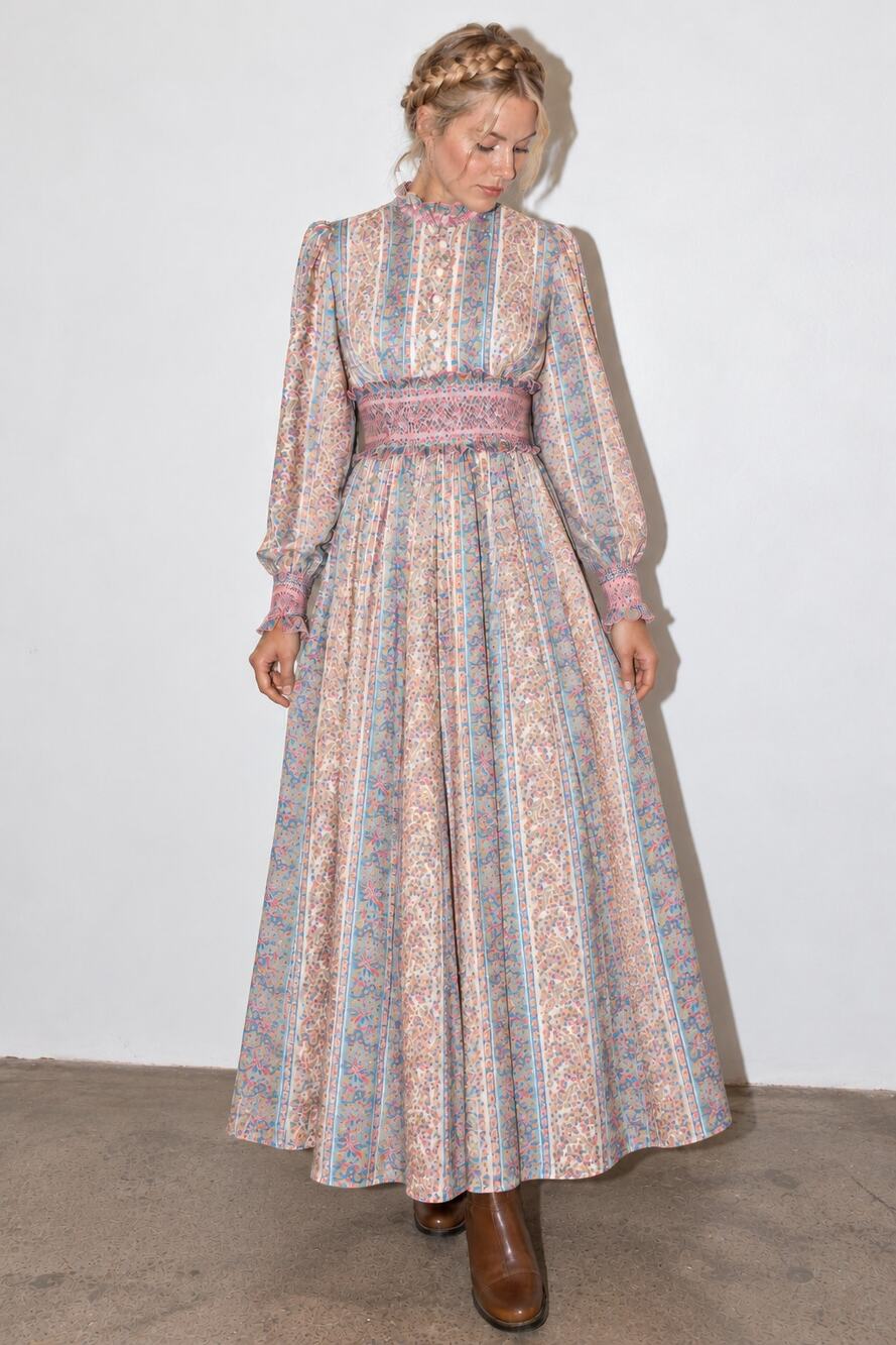 Vintage 70s Prairie Dress Floral Maxi Smocked Waist High Neck Cottagecore Boho S